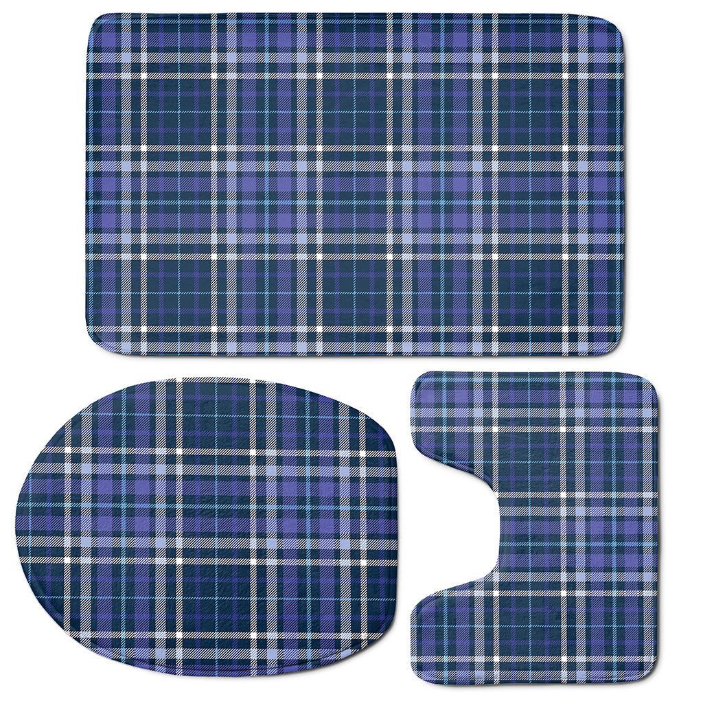 Blue Border Tartan Pattern Print 3 Piece Bath Mat Set