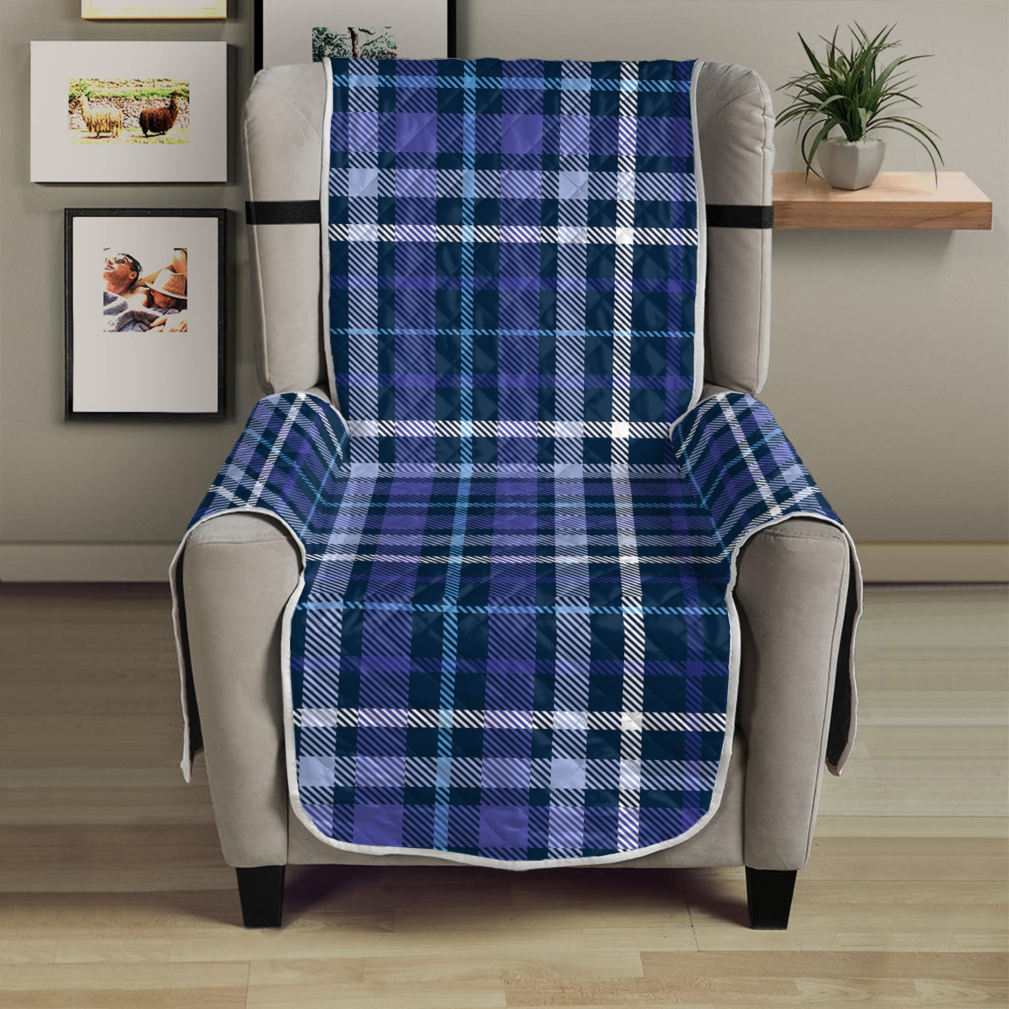 Blue Border Tartan Pattern Print Armchair Protector