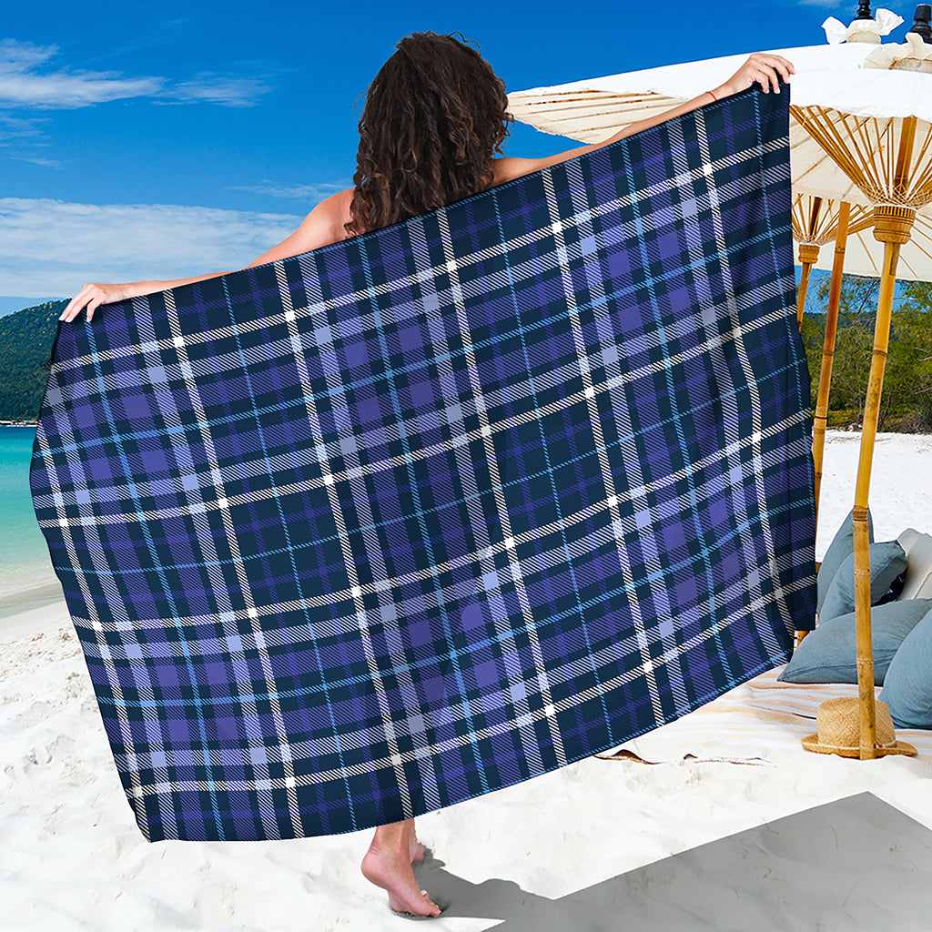 Blue Border Tartan Pattern Print Beach Sarong Wrap