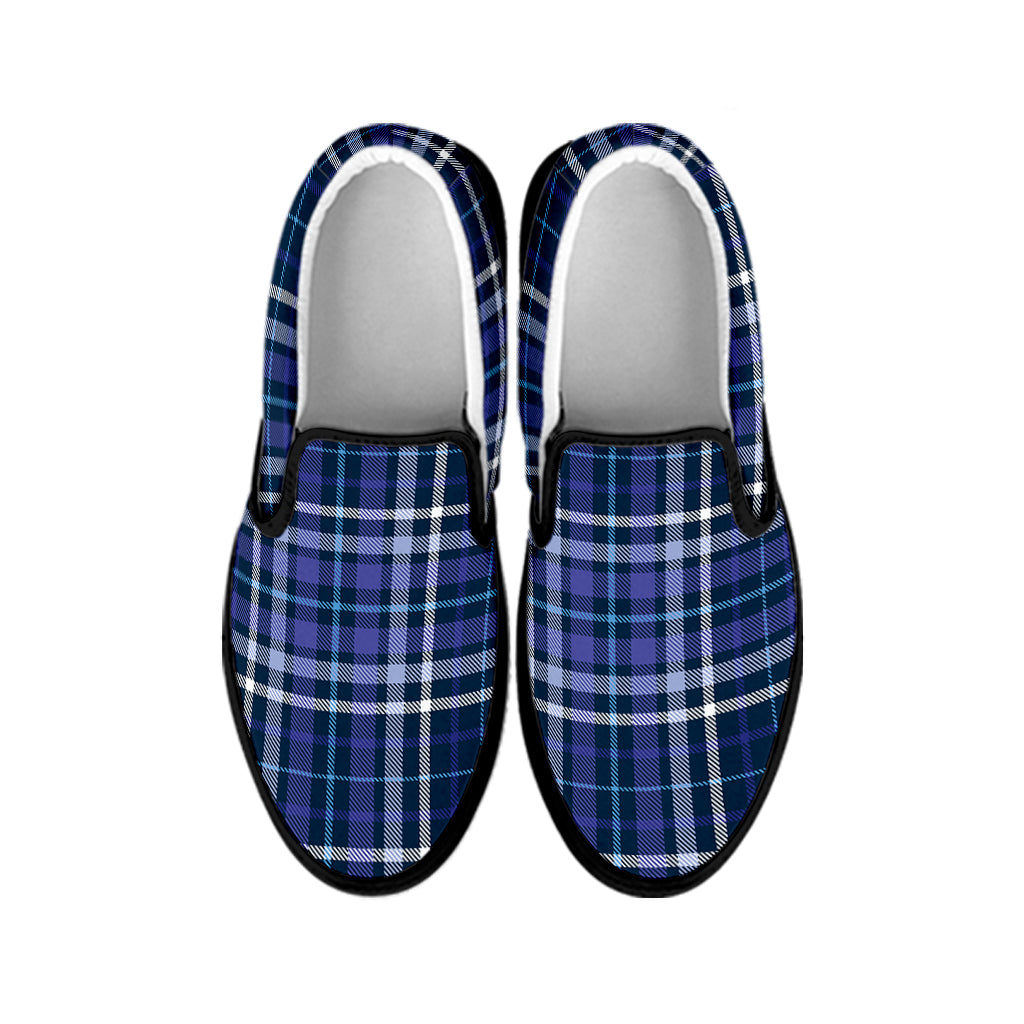 Blue Border Tartan Pattern Print Black Slip On Shoes