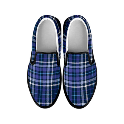 Blue Border Tartan Pattern Print Black Slip On Shoes