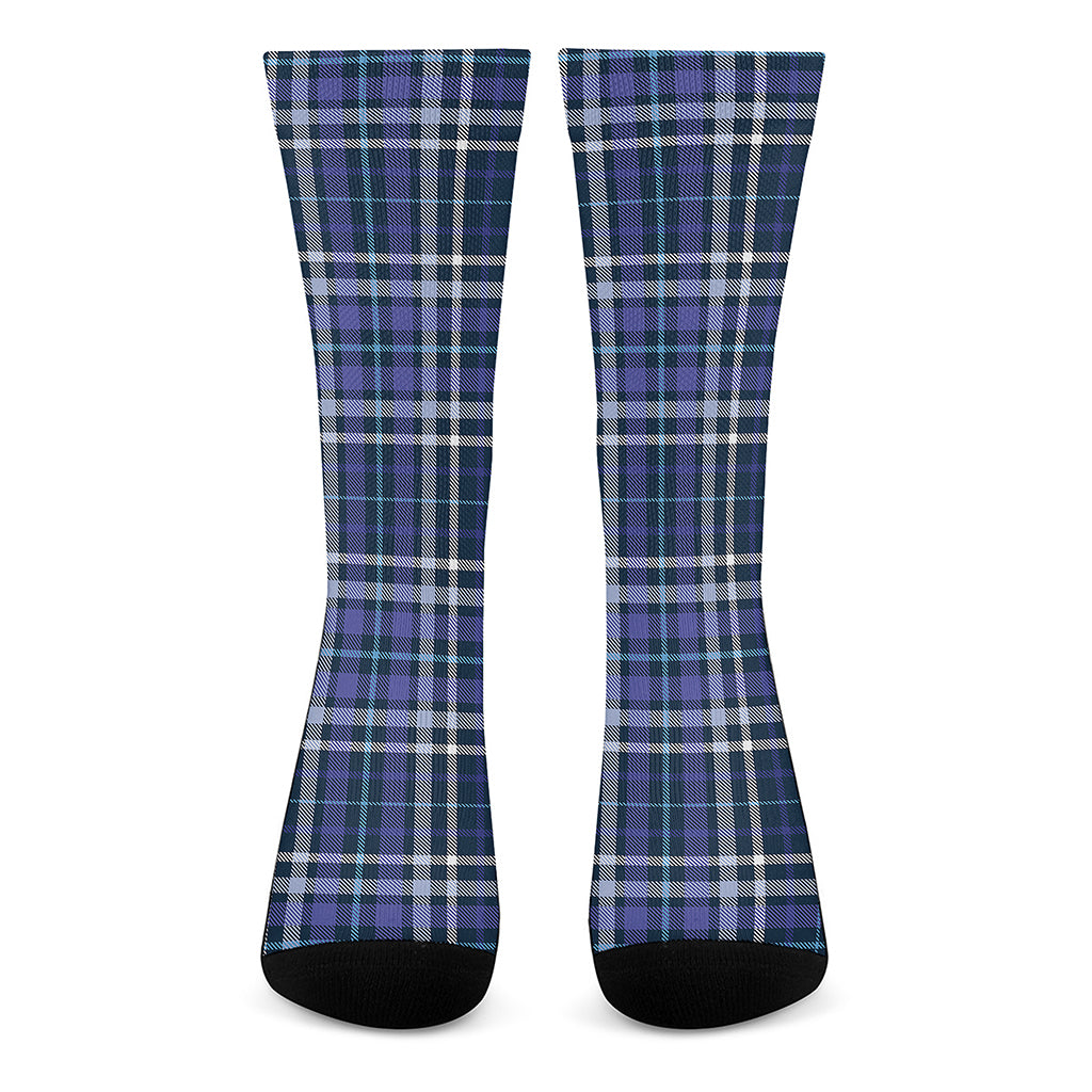 Blue Border Tartan Pattern Print Crew Socks