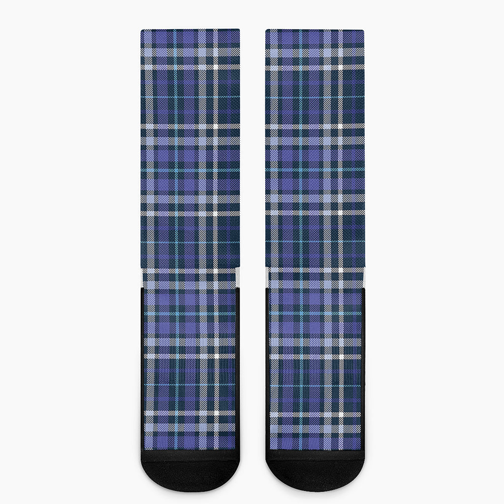 Blue Border Tartan Pattern Print Crew Socks