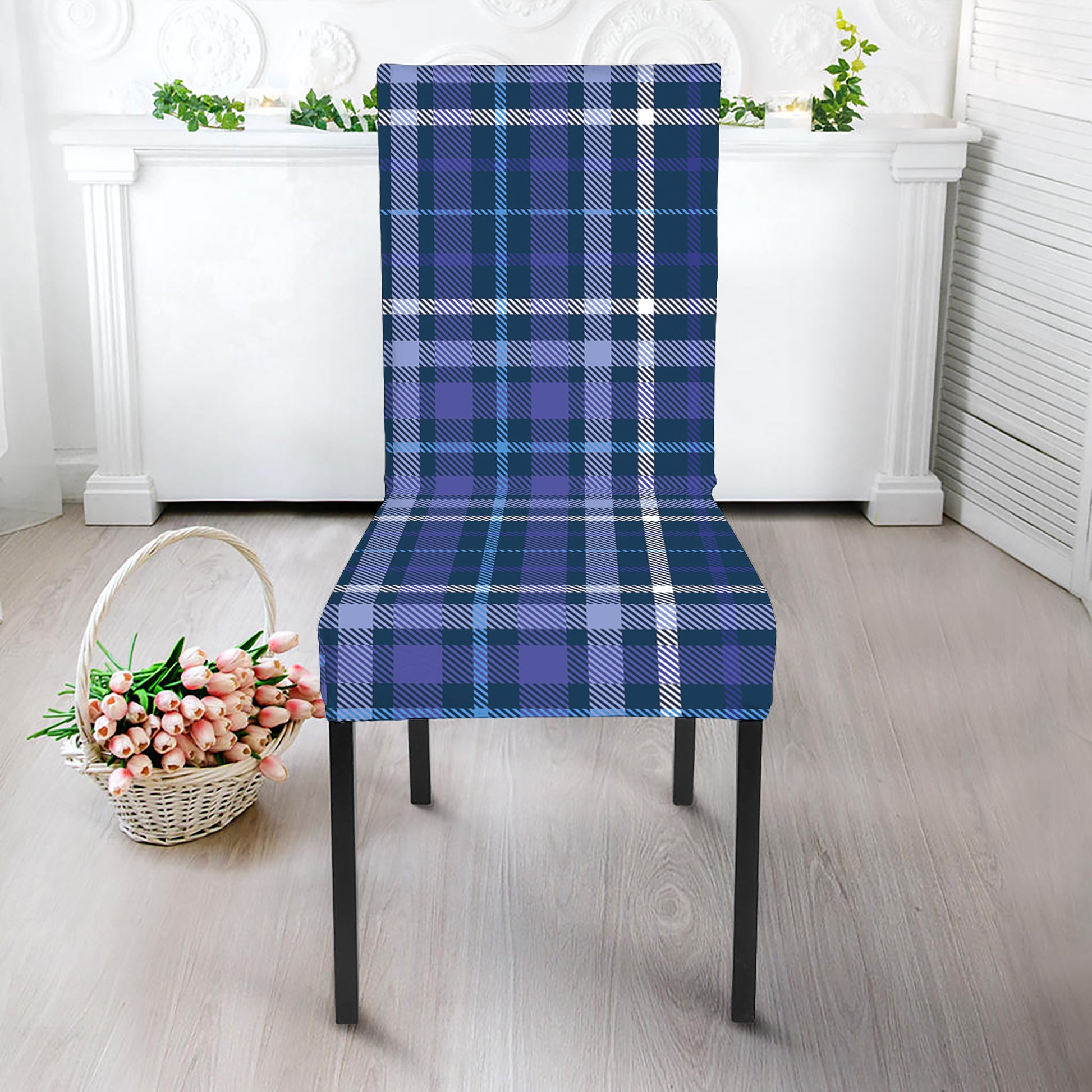 Blue Border Tartan Pattern Print Dining Chair Slipcover