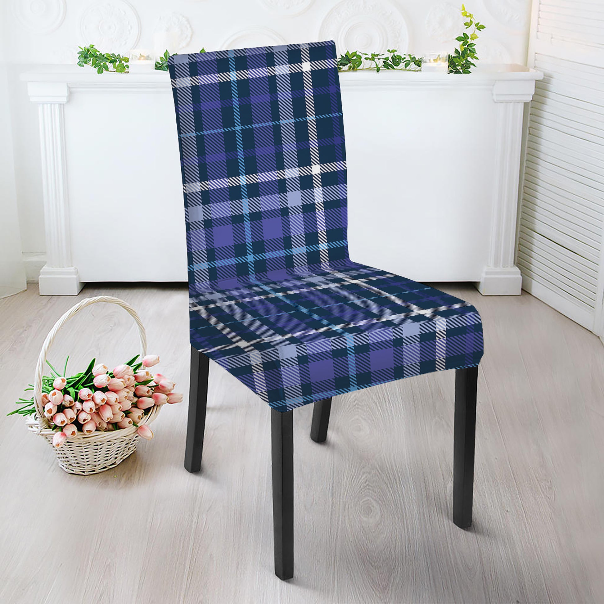 Blue Border Tartan Pattern Print Dining Chair Slipcover