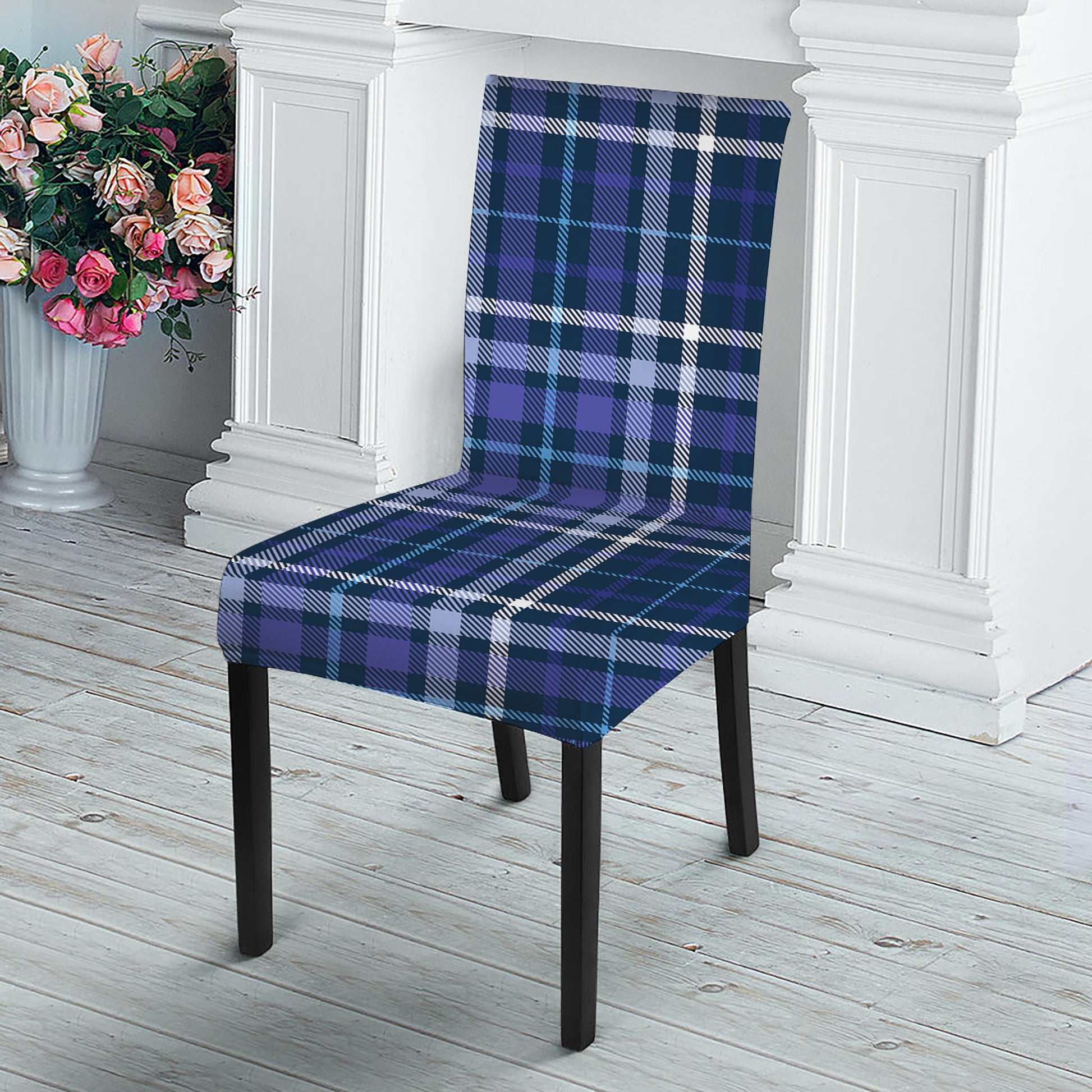 Blue Border Tartan Pattern Print Dining Chair Slipcover