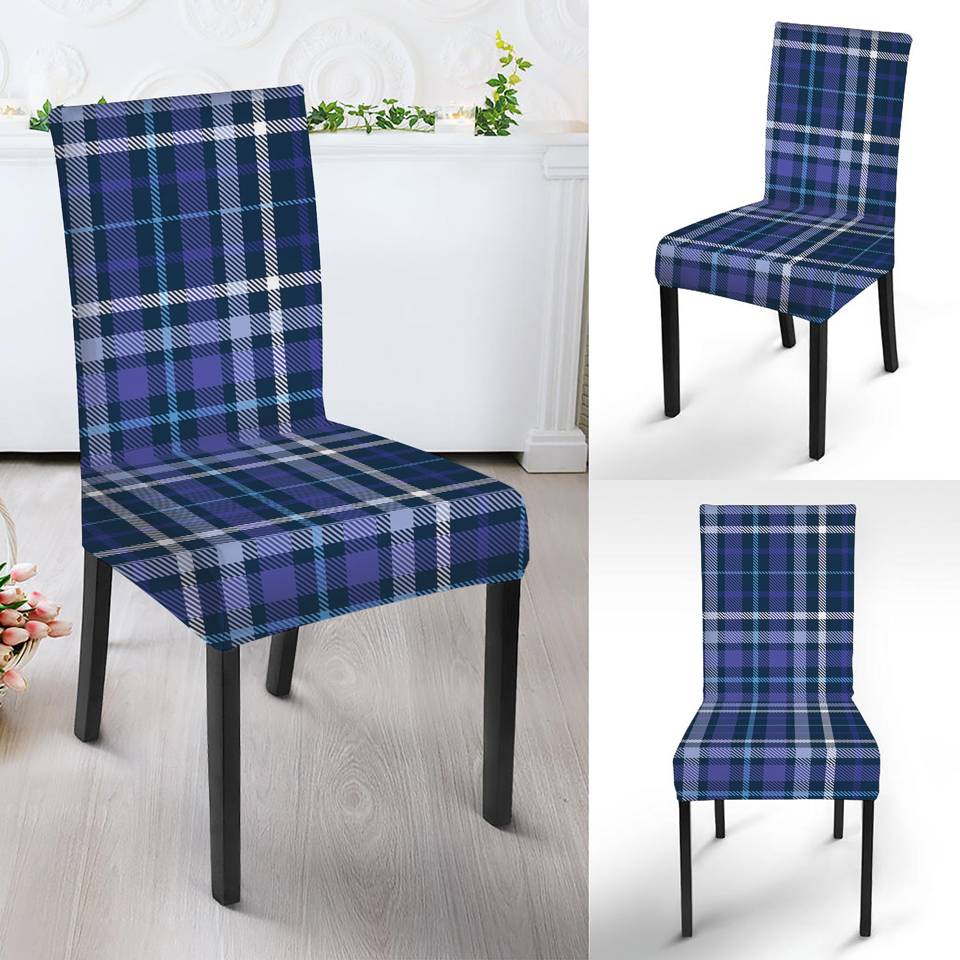 Blue Border Tartan Pattern Print Dining Chair Slipcover