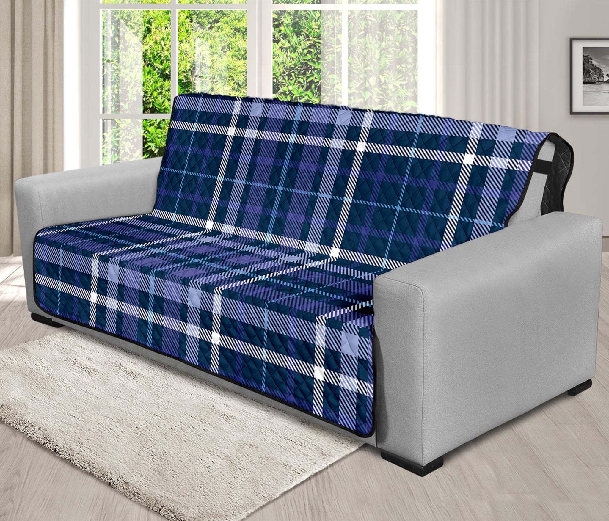 Blue Border Tartan Pattern Print Futon Protector