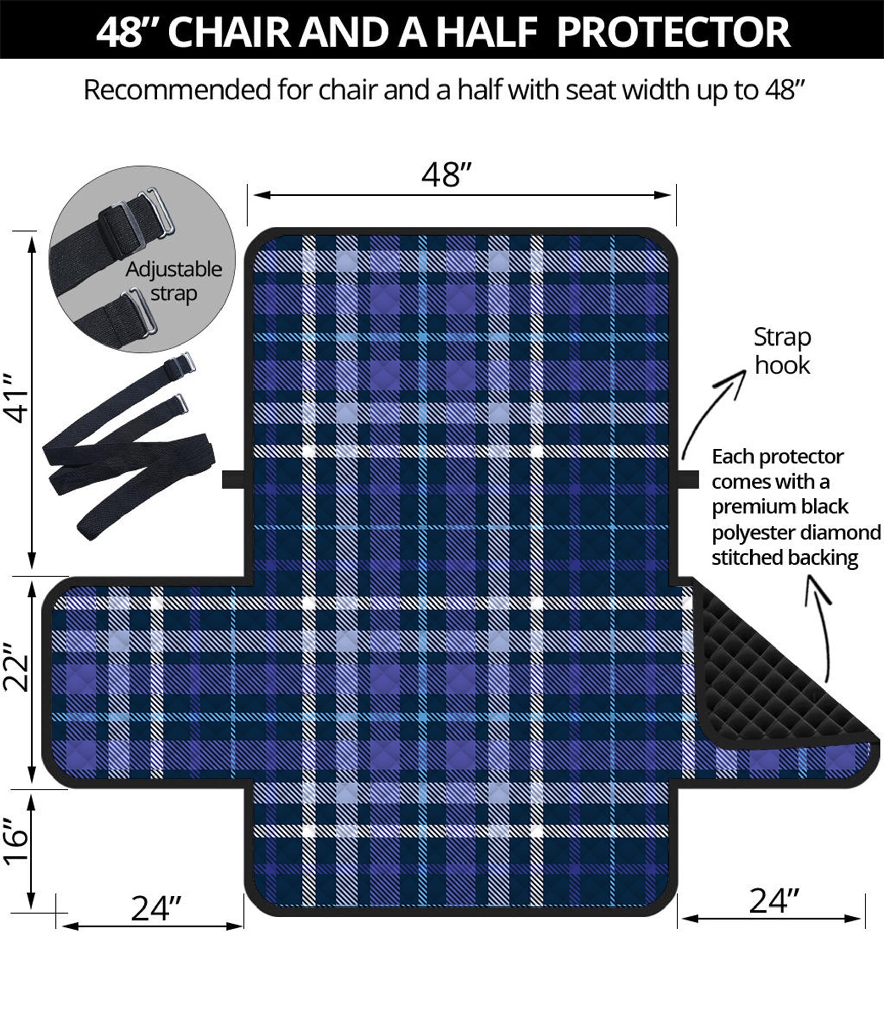 Blue Border Tartan Pattern Print Half Sofa Protector