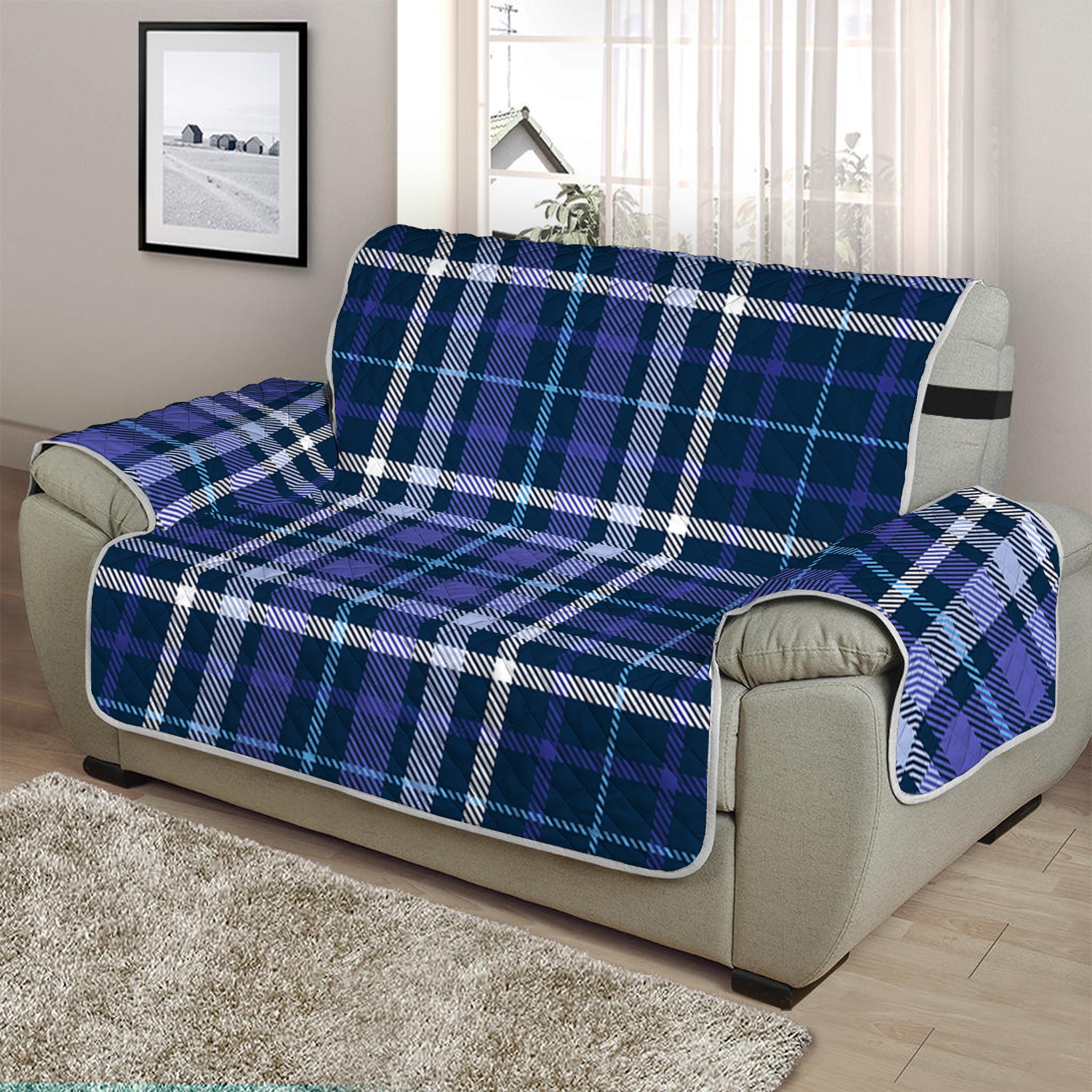 Blue Border Tartan Pattern Print Half Sofa Protector