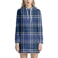 Blue Border Tartan Pattern Print Pullover Hoodie Dress