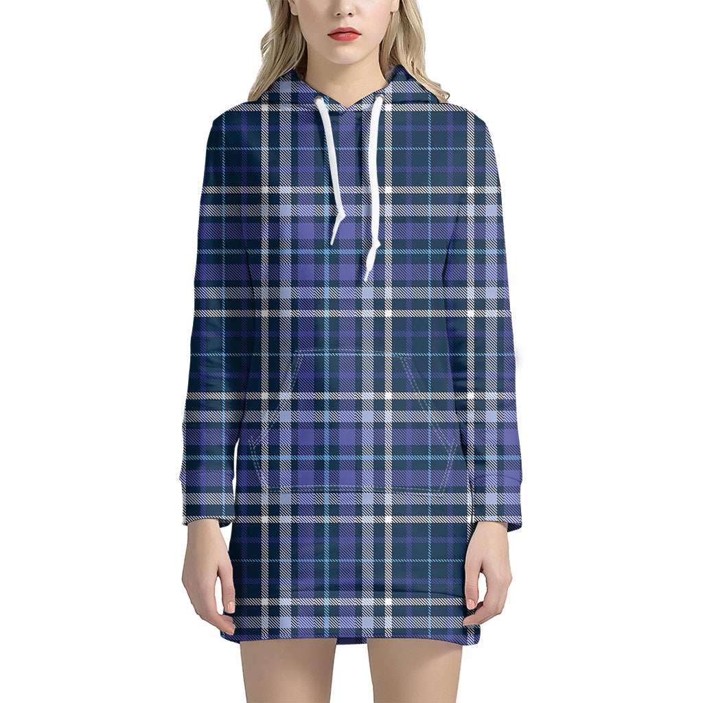 Blue Border Tartan Pattern Print Hoodie Dress