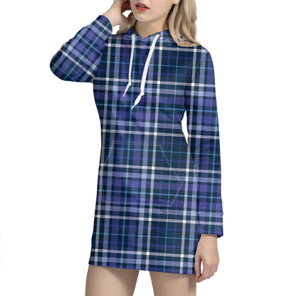 Blue Border Tartan Pattern Print Hoodie Dress
