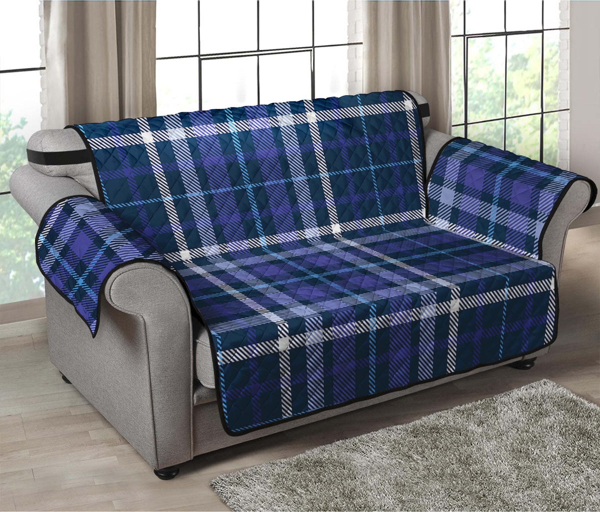 Blue Border Tartan Pattern Print Loveseat Protector