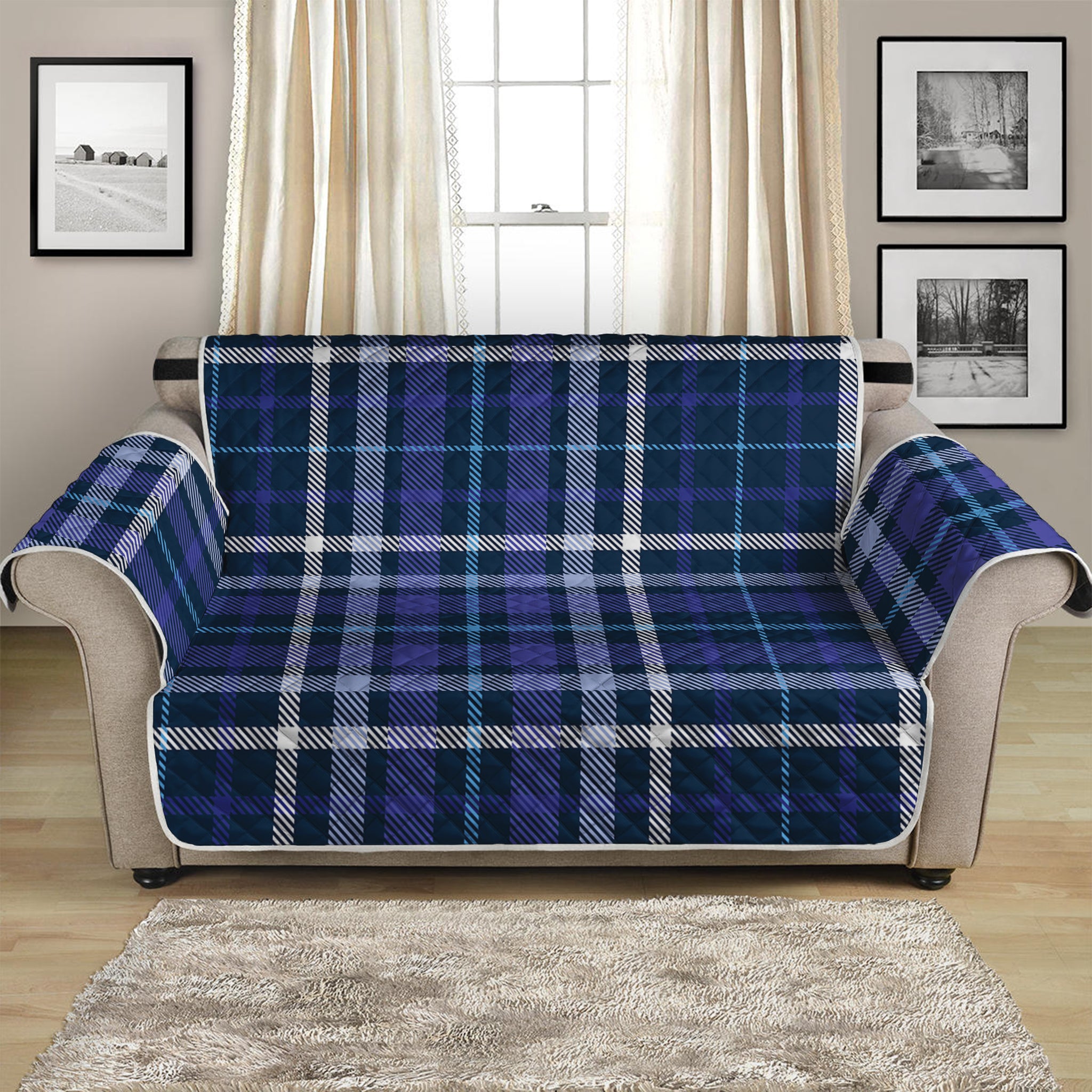 Blue Border Tartan Pattern Print Loveseat Protector