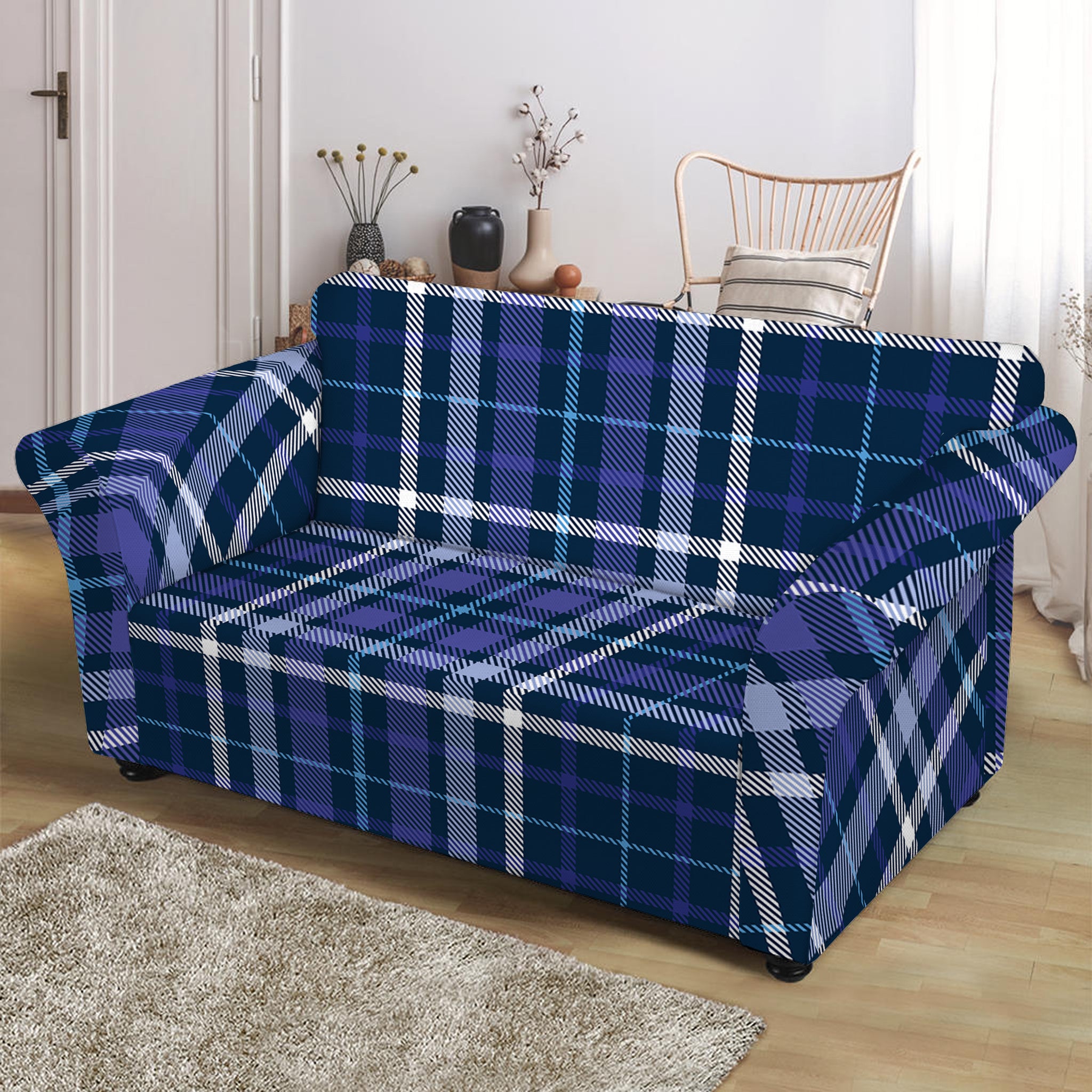 Blue Border Tartan Pattern Print Loveseat Slipcover