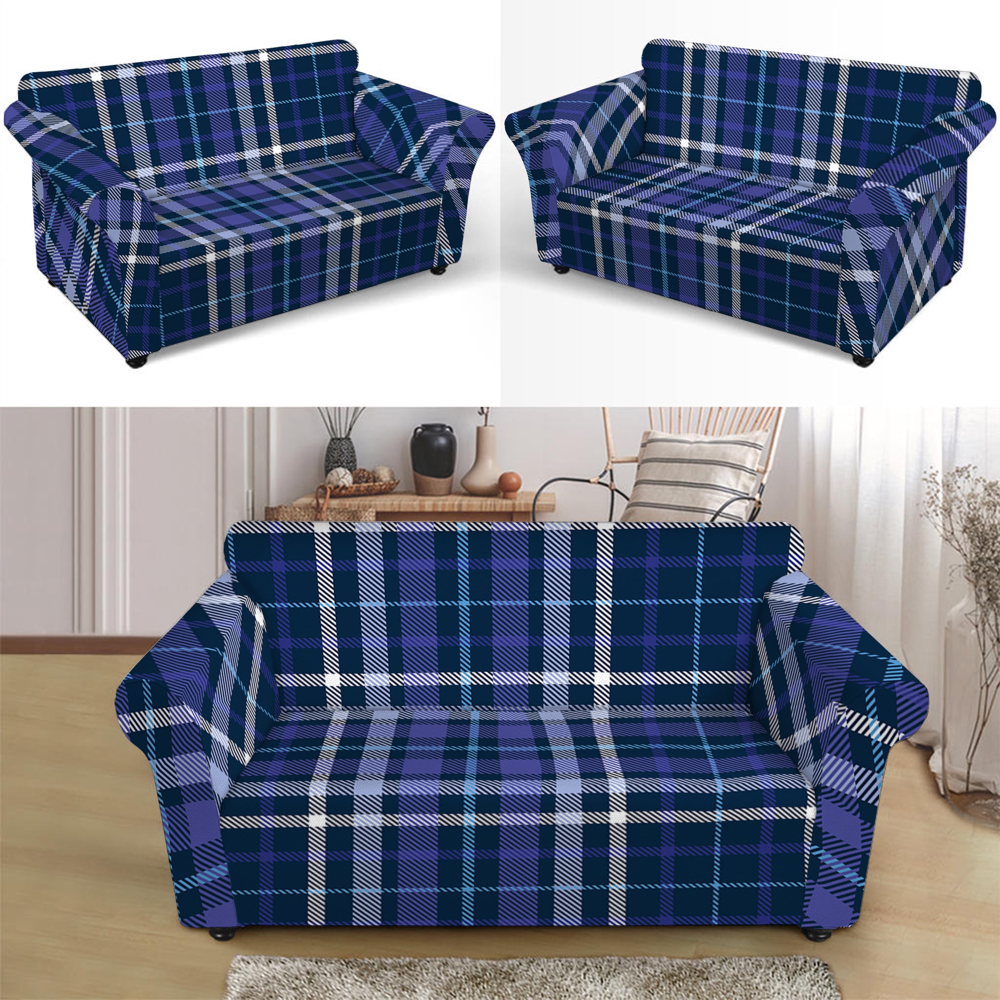 Blue Border Tartan Pattern Print Loveseat Slipcover