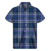 Blue Border Tartan Pattern Print Men's Short Sleeve Shirt