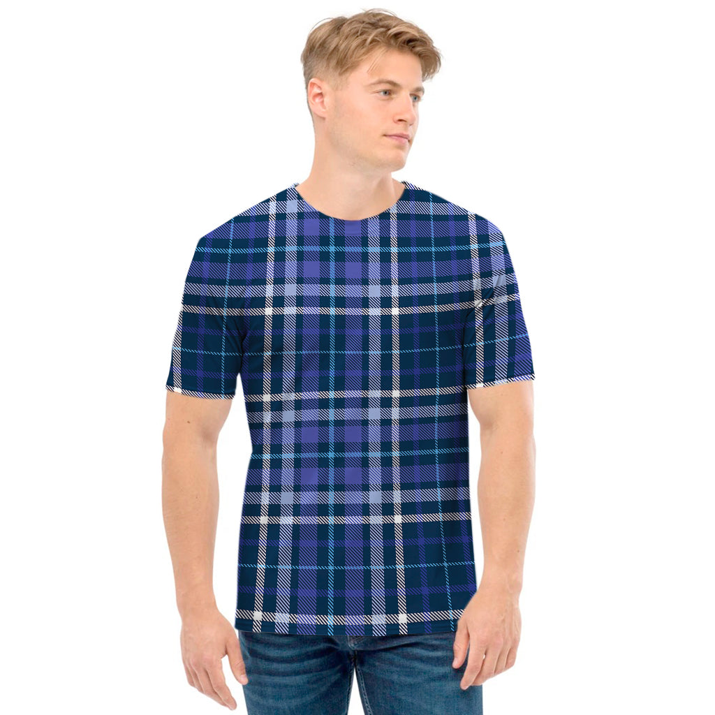 Blue Border Tartan Pattern Print Men's T-Shirt