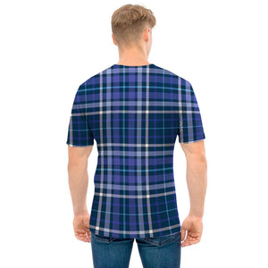 Blue Border Tartan Pattern Print Men's T-Shirt