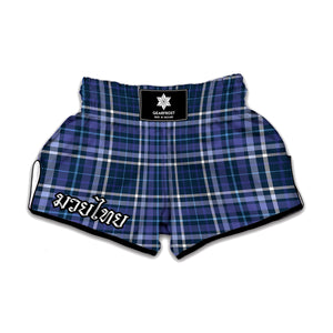 Blue Border Tartan Pattern Print Muay Thai Boxing Shorts