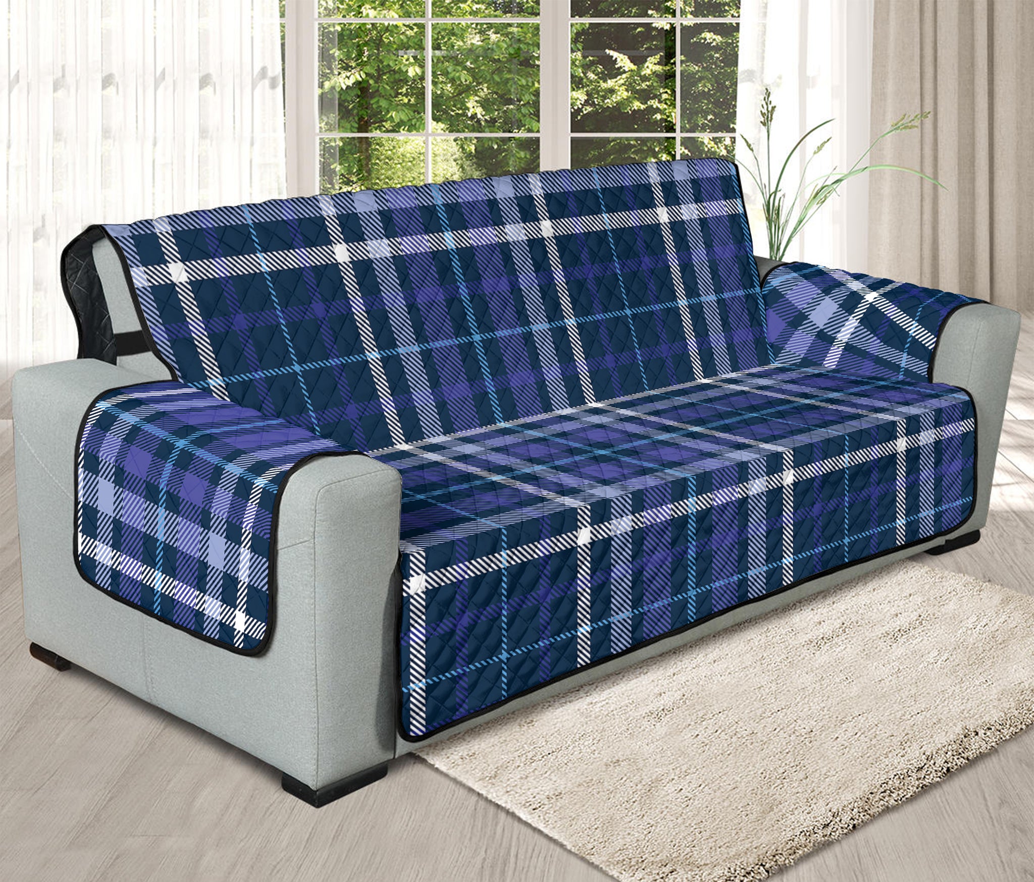 Blue Border Tartan Pattern Print Oversized Sofa Protector