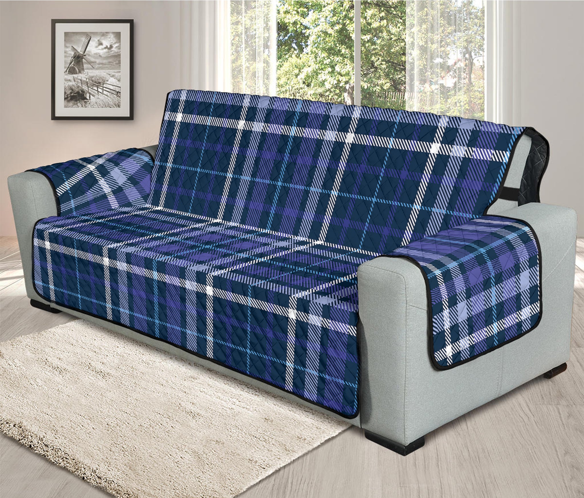 Blue Border Tartan Pattern Print Oversized Sofa Protector