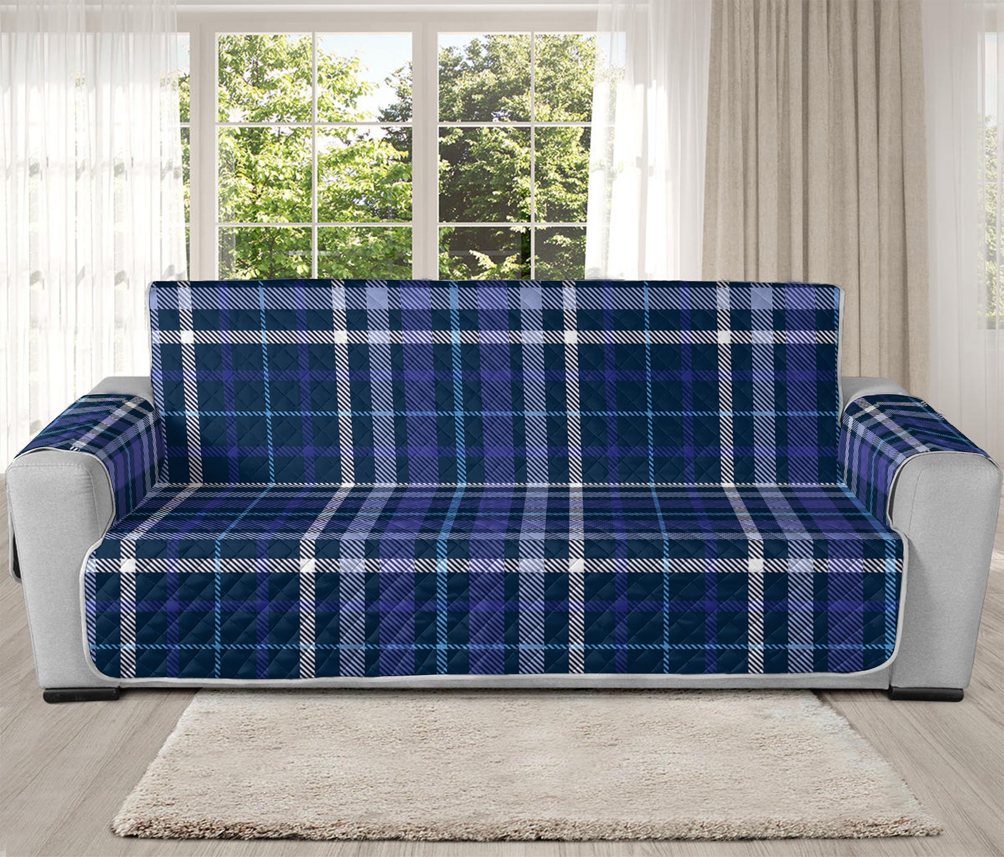 Blue Border Tartan Pattern Print Oversized Sofa Protector