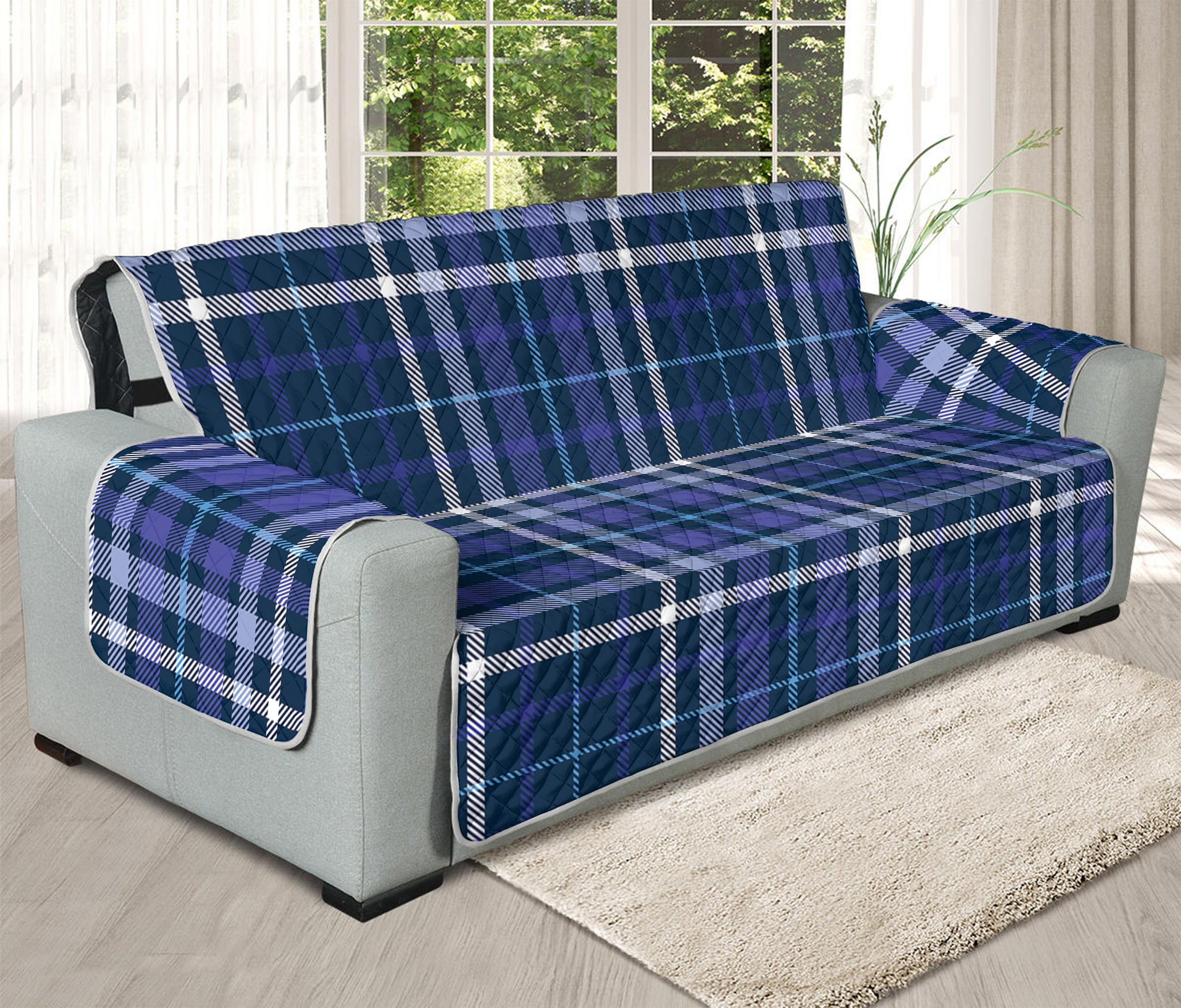 Blue Border Tartan Pattern Print Oversized Sofa Protector