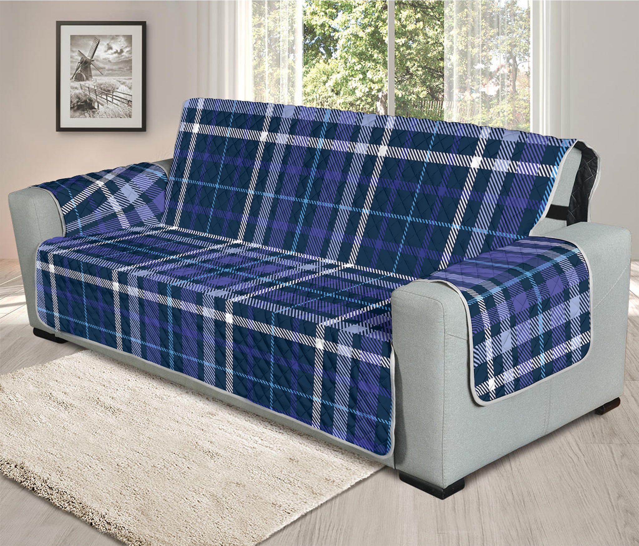 Blue Border Tartan Pattern Print Oversized Sofa Protector