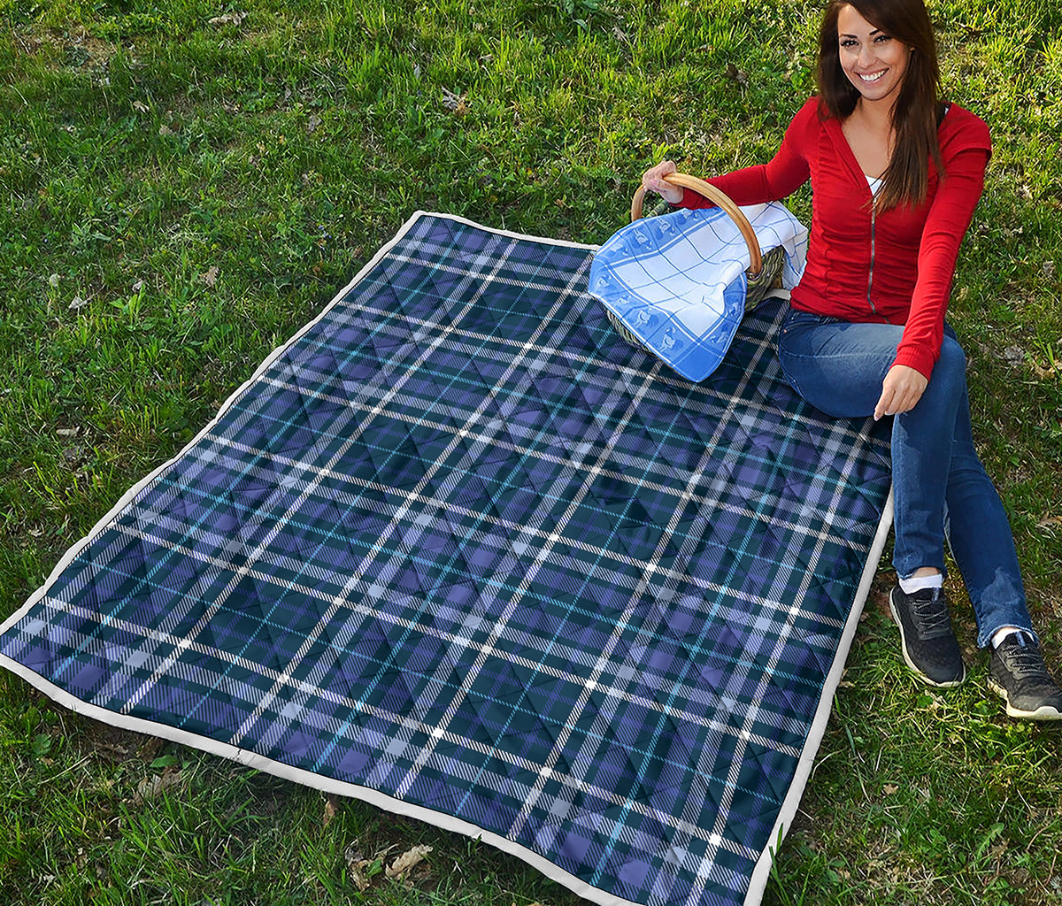 Blue Border Tartan Pattern Print Quilt