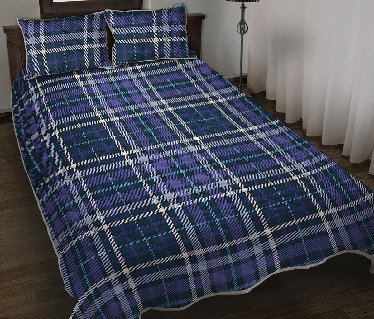 Blue Border Tartan Pattern Print Quilt Bed Set