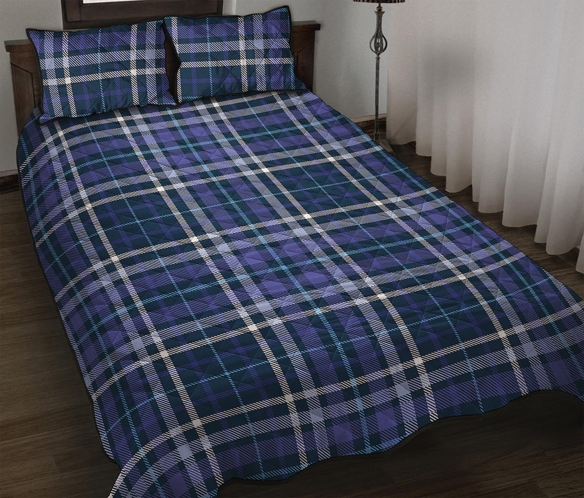 Blue Border Tartan Pattern Print Quilt Bed Set