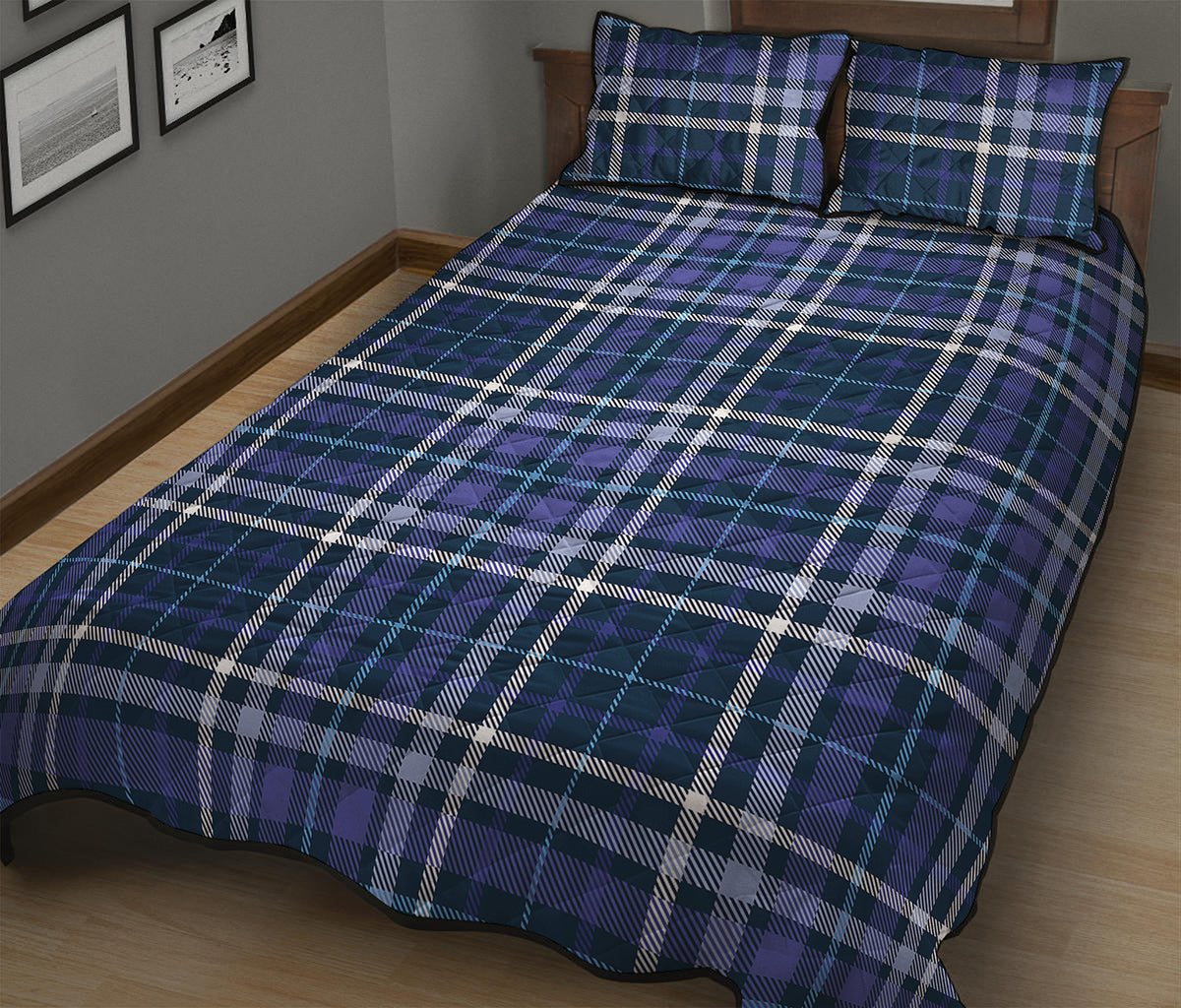 Blue Border Tartan Pattern Print Quilt Bed Set