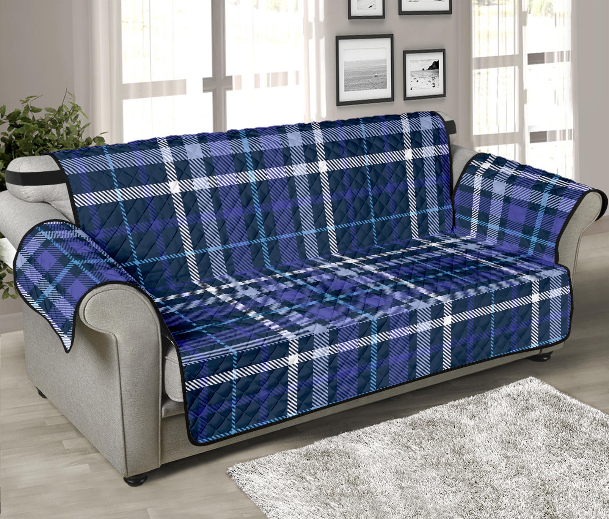 Blue Border Tartan Pattern Print Sofa Protector