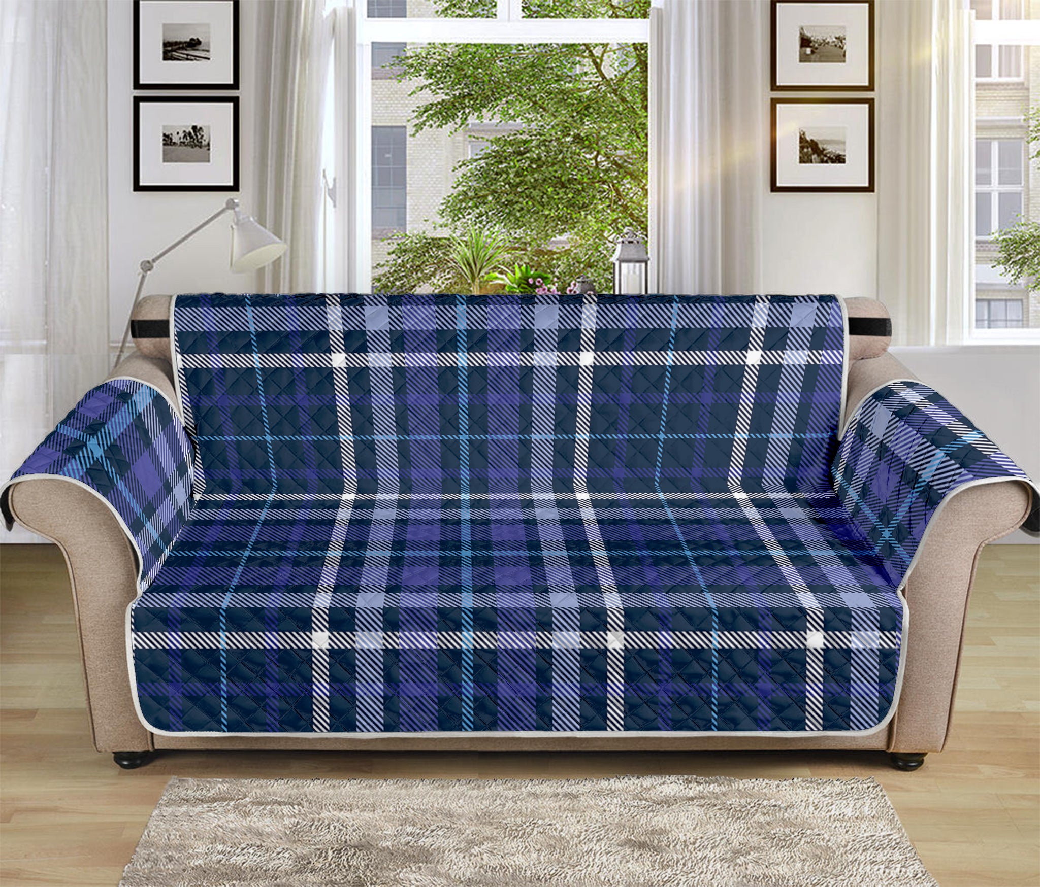 Blue Border Tartan Pattern Print Sofa Protector