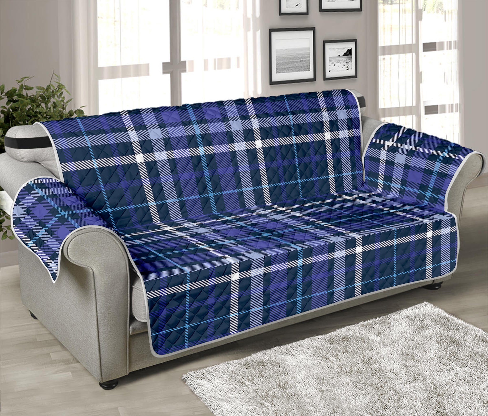 Blue Border Tartan Pattern Print Sofa Protector