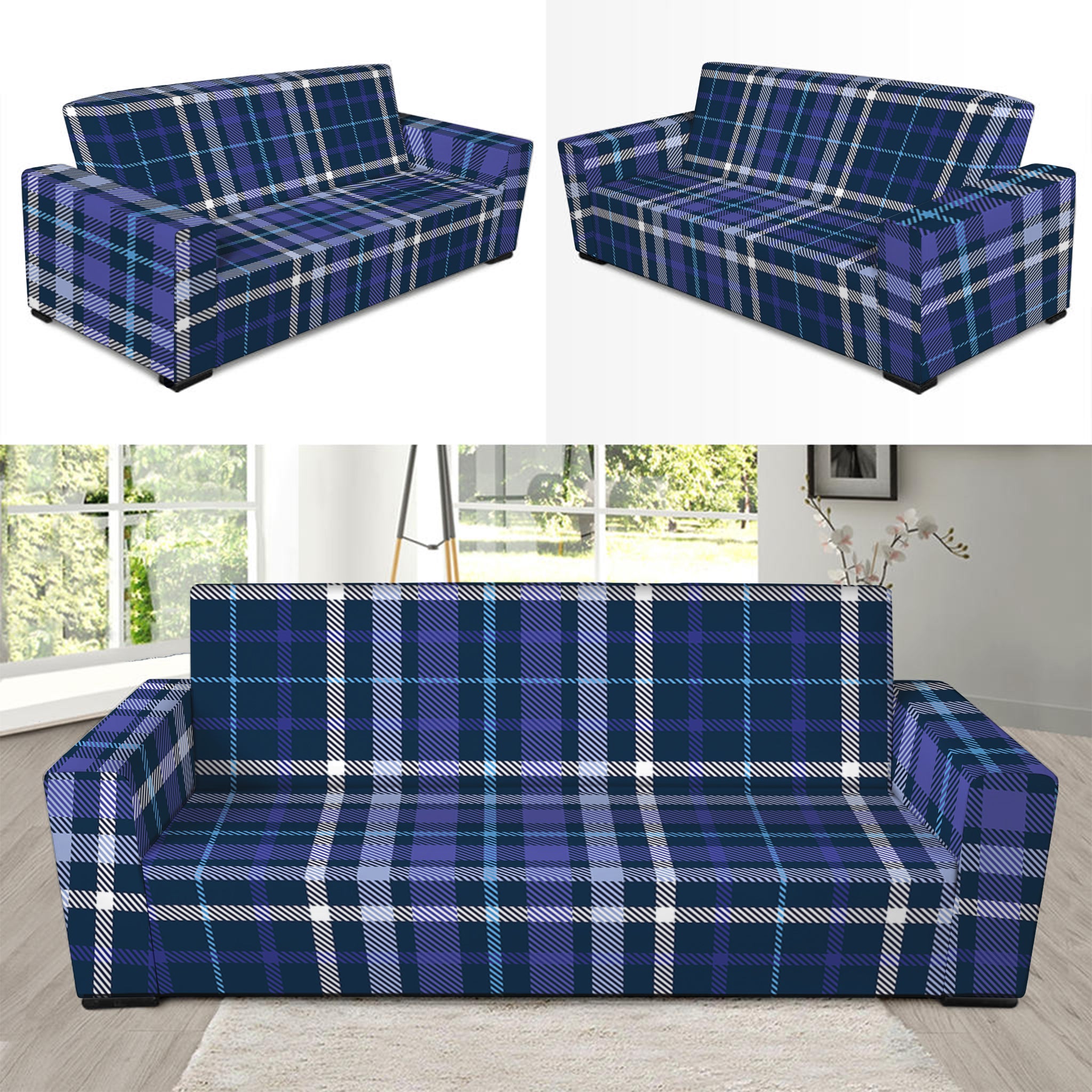 Blue Border Tartan Pattern Print Sofa Slipcover