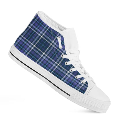 Blue Border Tartan Pattern Print White High Top Shoes