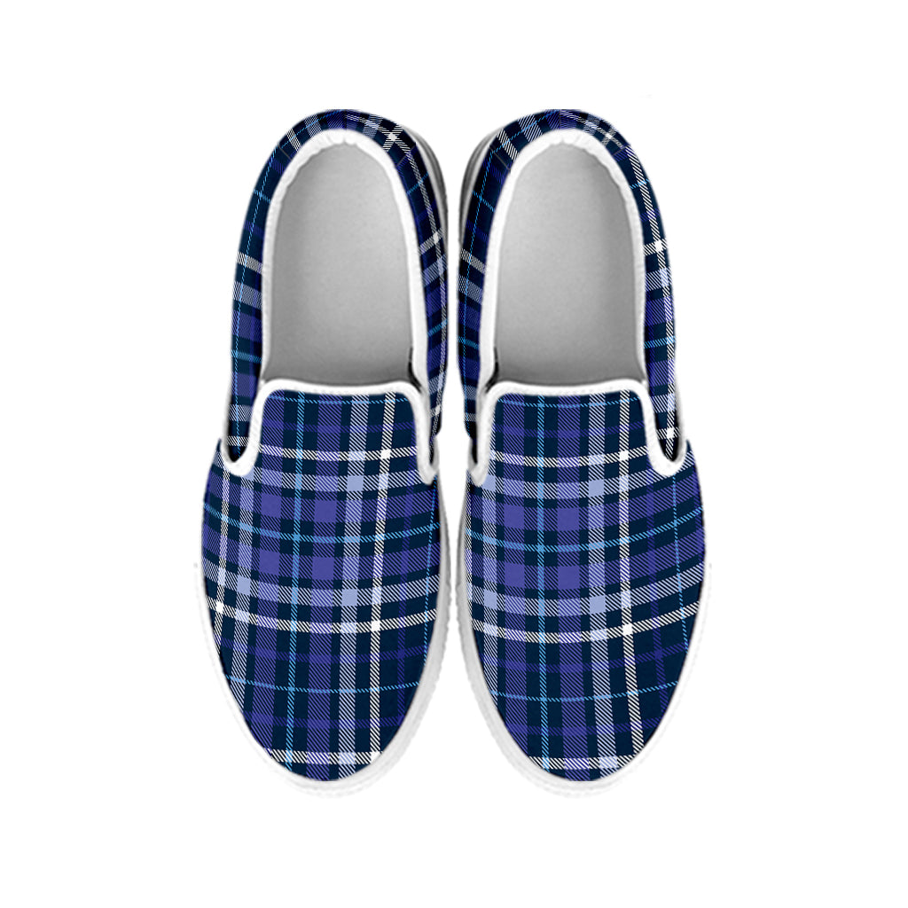 Blue Border Tartan Pattern Print White Slip On Shoes