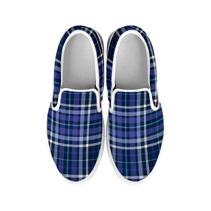 Blue Border Tartan Pattern Print White Slip On Shoes