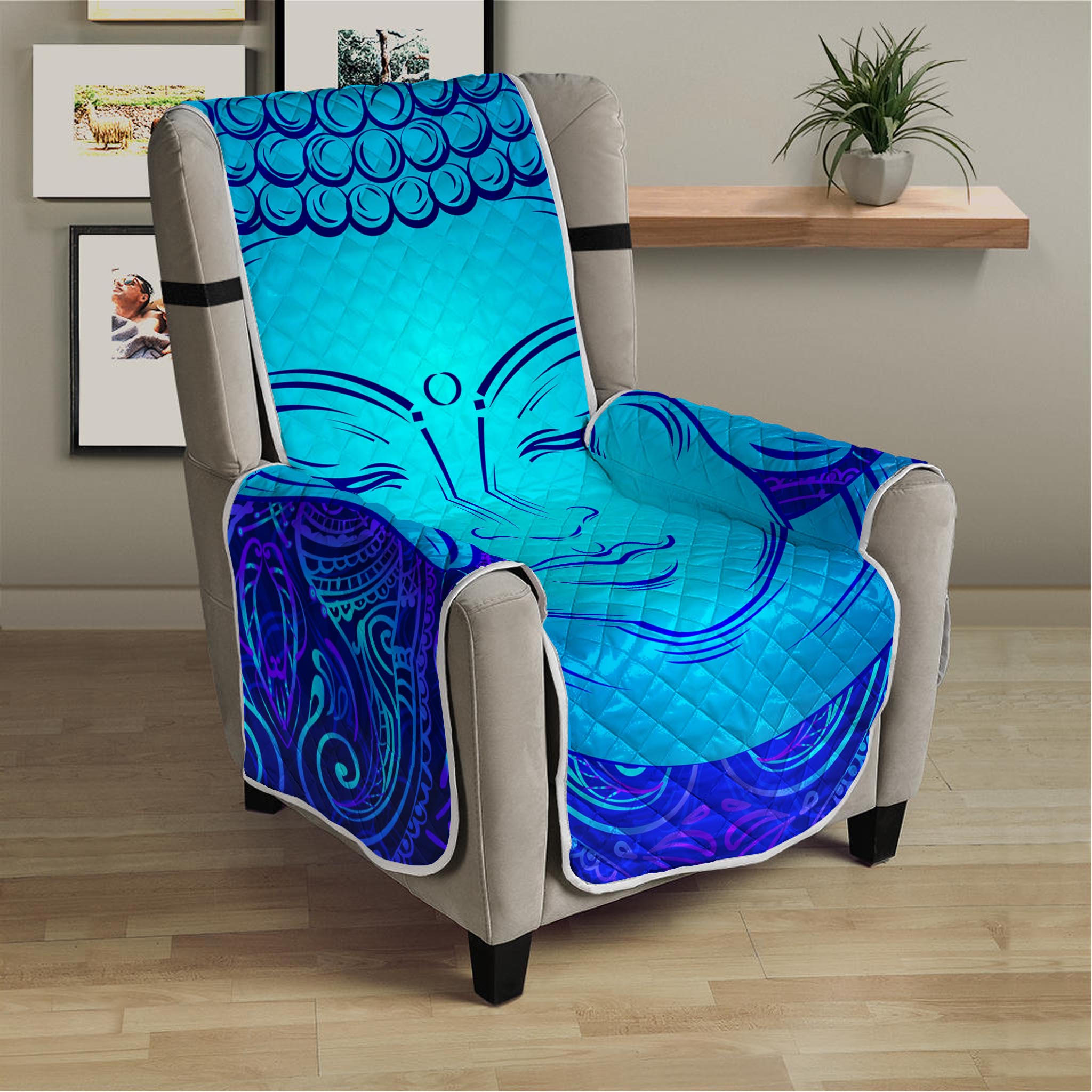 Blue Buddha Print Armchair Protector