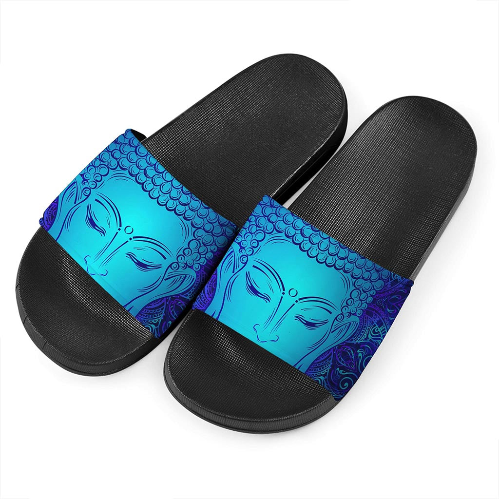 Blue Buddha Print Black Slide Sandals