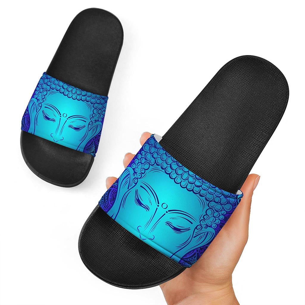 Blue Buddha Print Black Slide Sandals