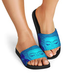 Blue Buddha Print Black Slide Sandals