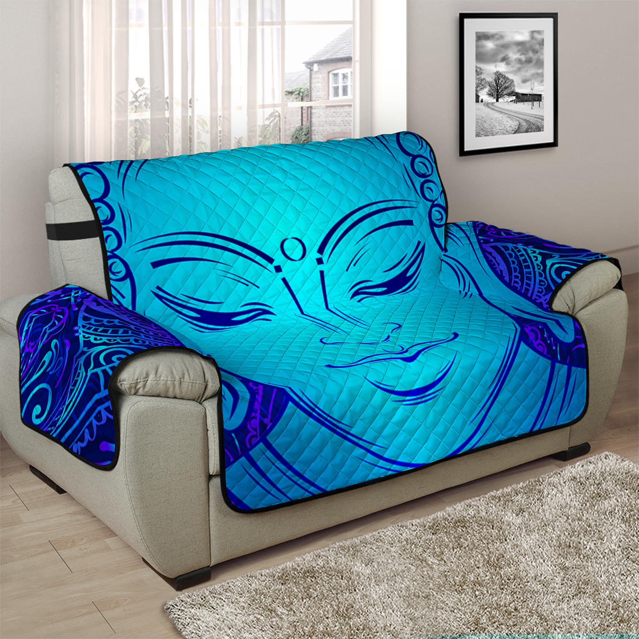 Blue Buddha Print Half Sofa Protector