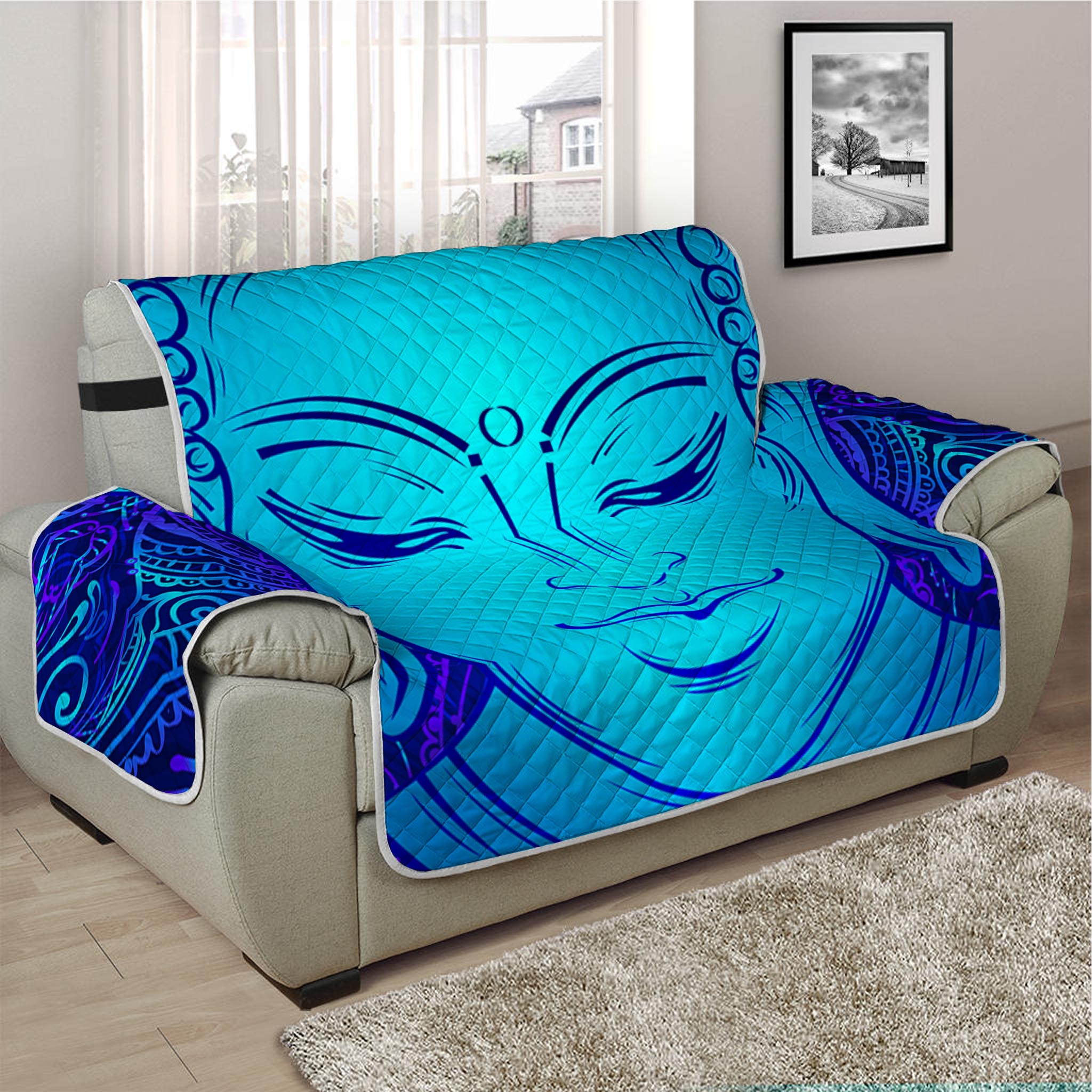 Blue Buddha Print Half Sofa Protector