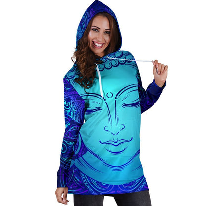 Blue Buddha Print Hoodie Dress GearFrost