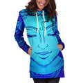 Blue Buddha Print Pullover Hoodie Dress