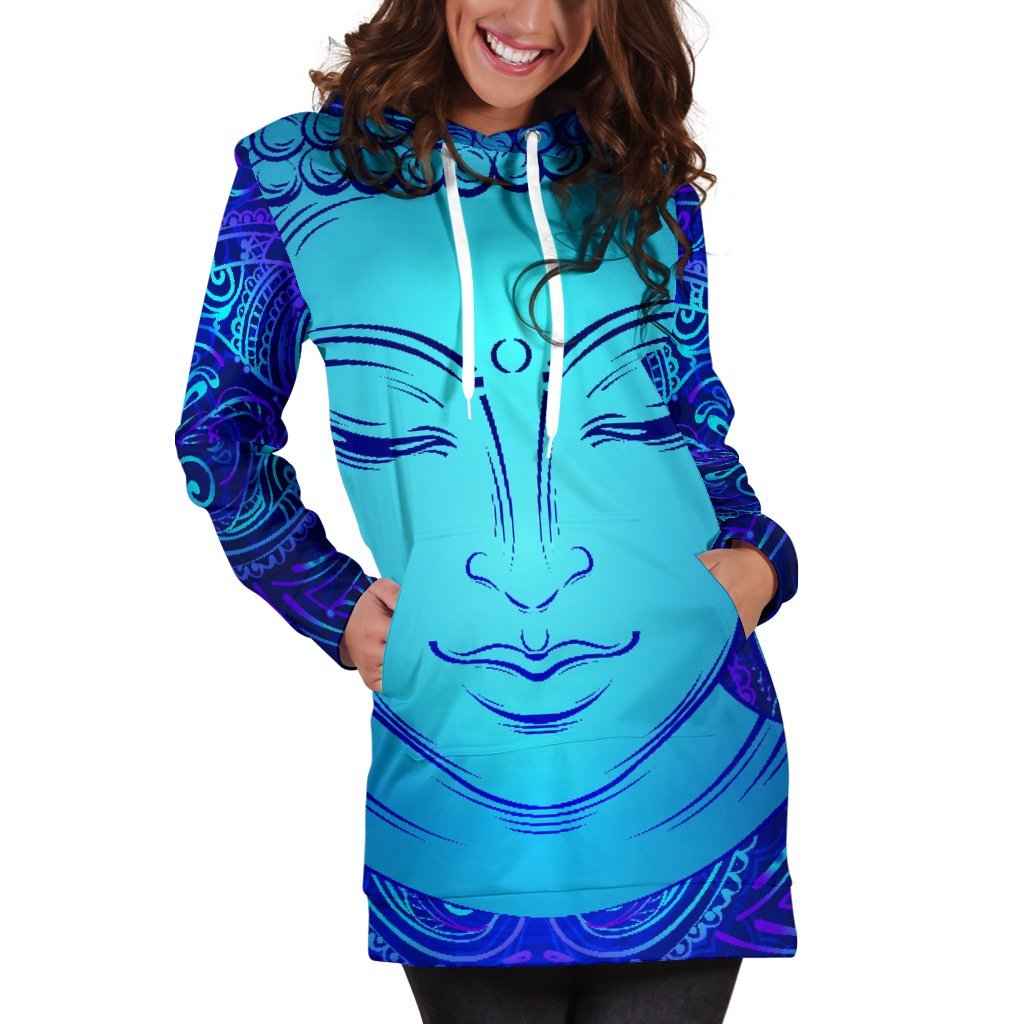 Blue Buddha Print Hoodie Dress GearFrost